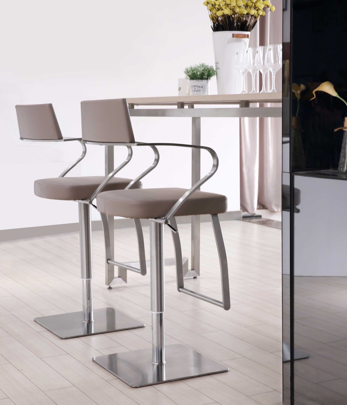 21 " Taupe And Silver Stainless Steel Bar Chair - Loft&Timber