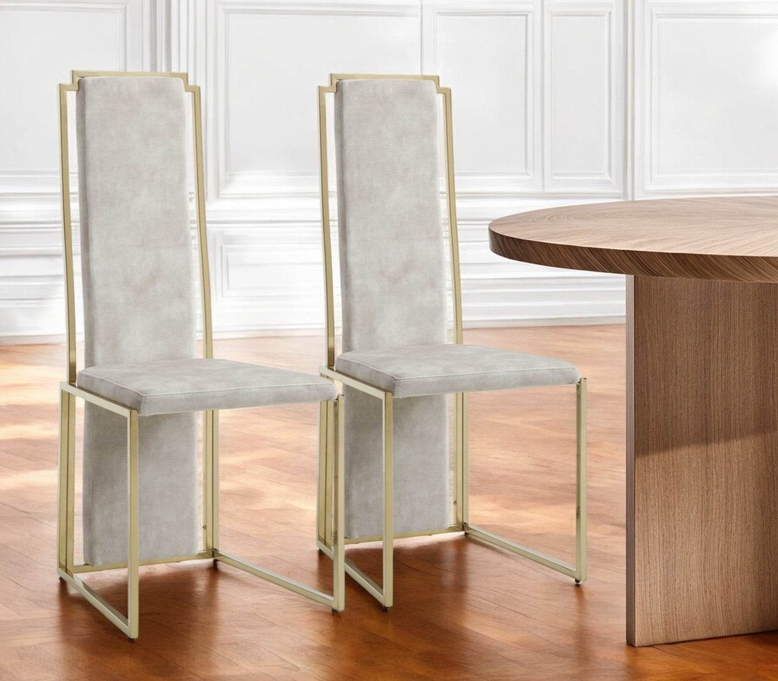 Set of Two Beige and Gold Upholstered Dining Side Chairs - Loft&Timber