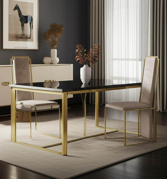 Set of Two Beige and Gold Upholstered Dining Side Chairs - Loft&Timber