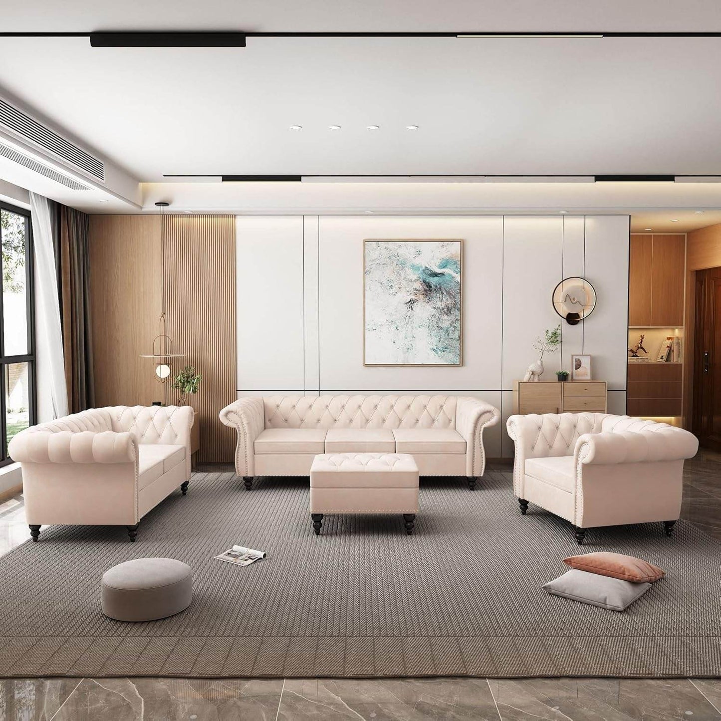 3-Piece Living Room Sectional Sofa Set, Upholstered Sofa Modern Sofa Couches Set Style Button Tufted, Velvet Chesterfield Sofa for Living Room Apartment, 1+2+3 Seat Beige - Loft&Timber