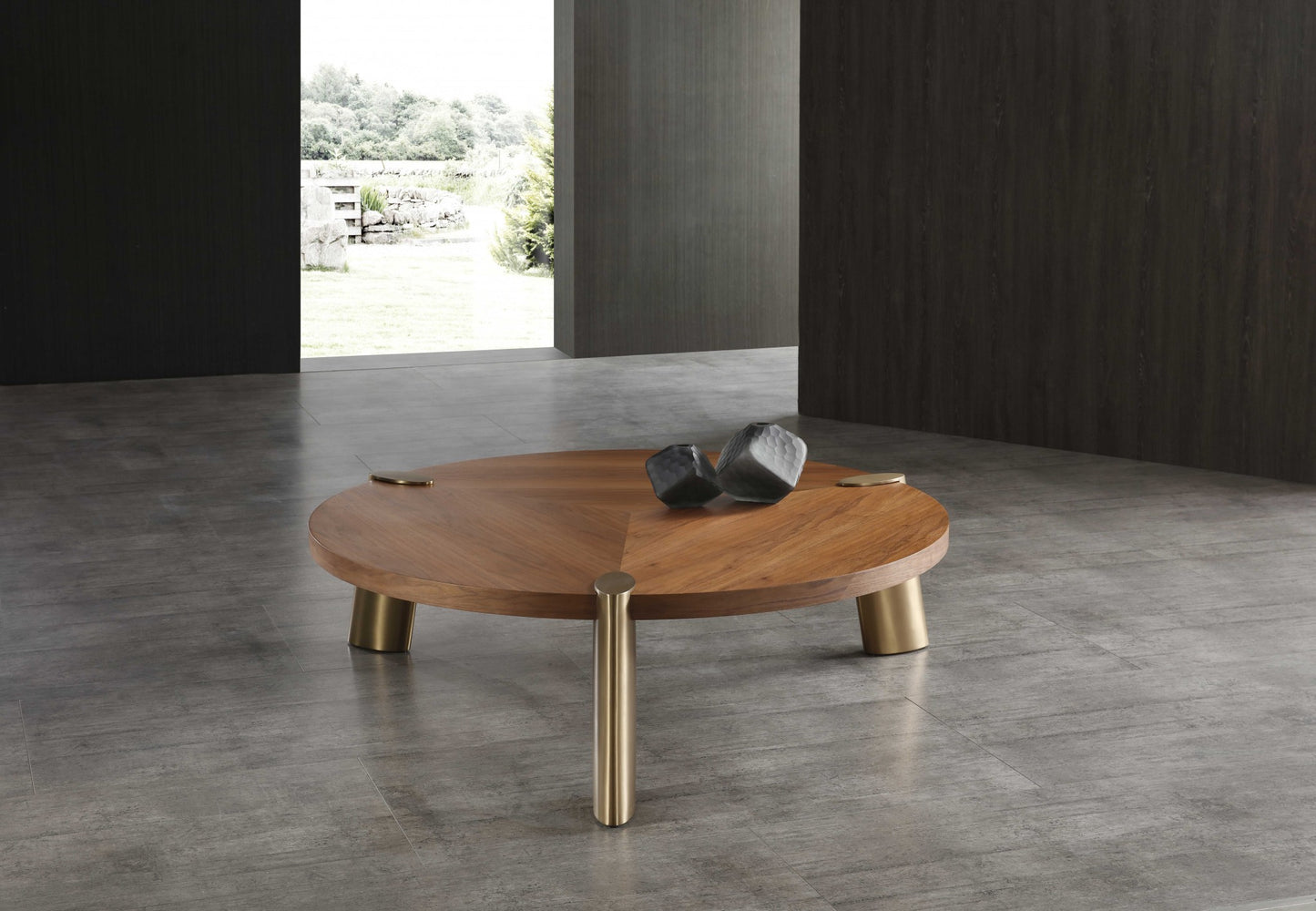 55" Brown and Gold Wood And Stainless Steel Round Coffee Table - Loft&Timber