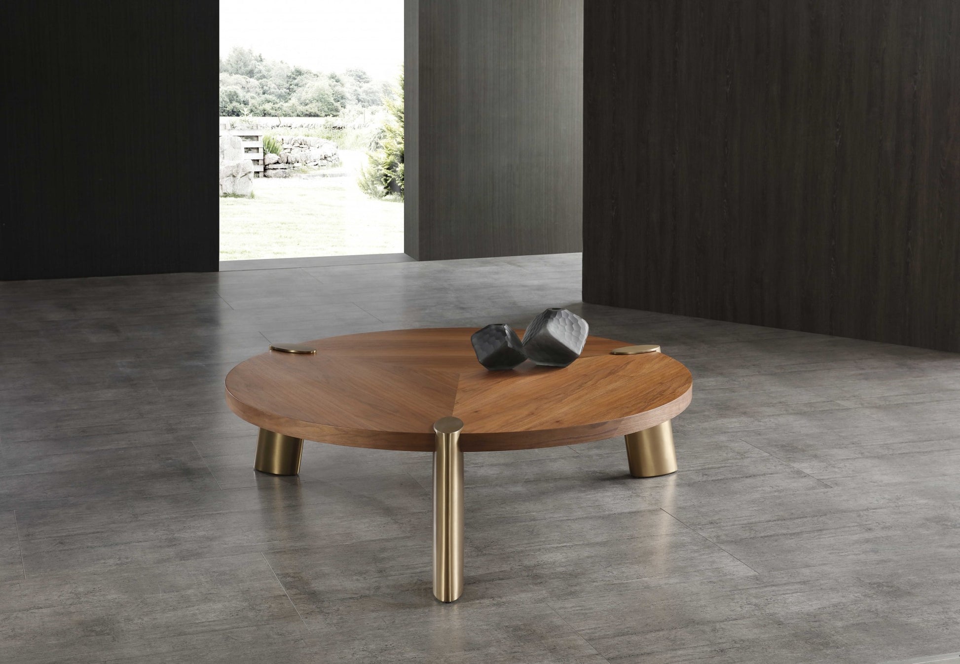55" Brown and Gold Wood And Stainless Steel Round Coffee Table - Loft&Timber