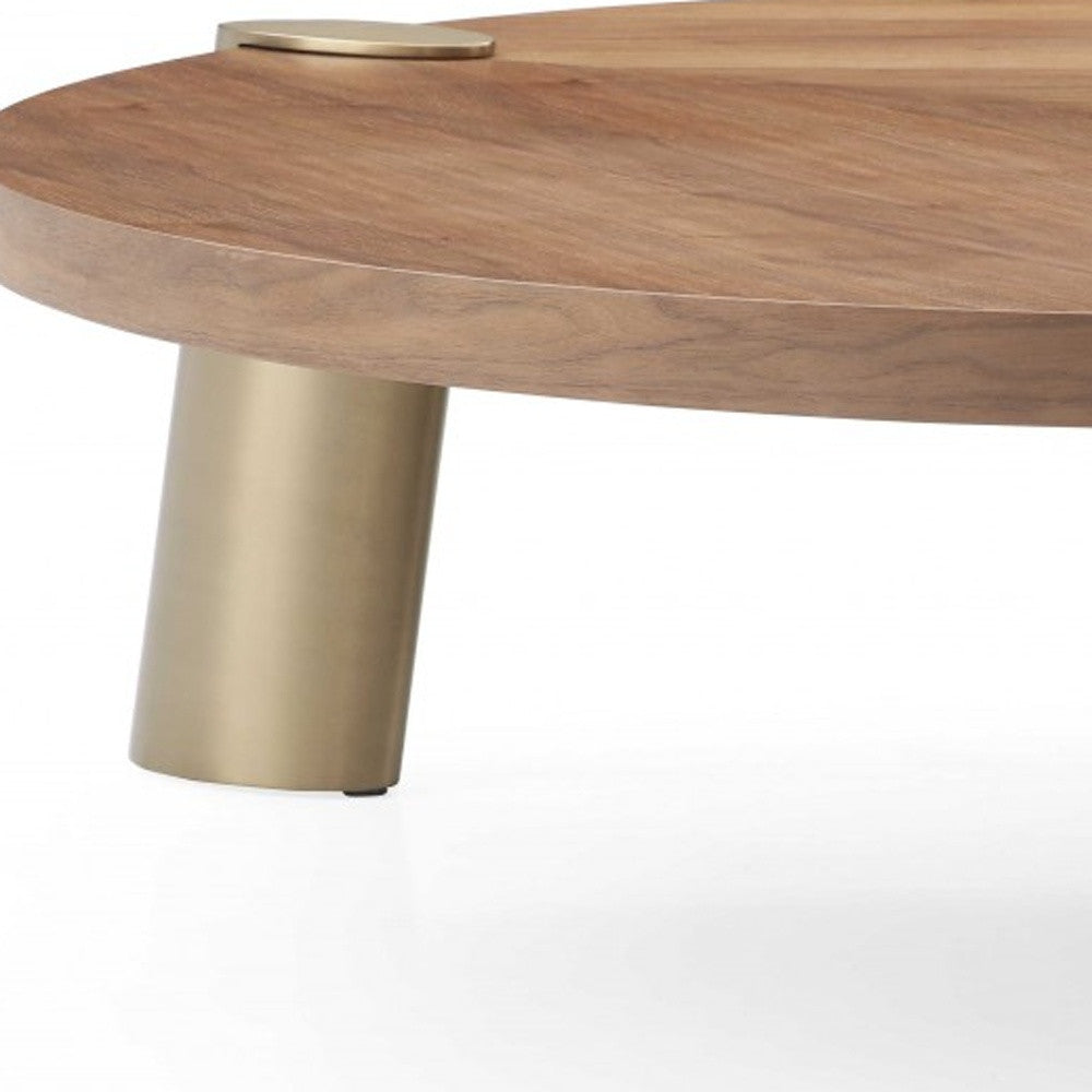 55" Brown and Gold Wood And Stainless Steel Round Coffee Table - Loft&Timber