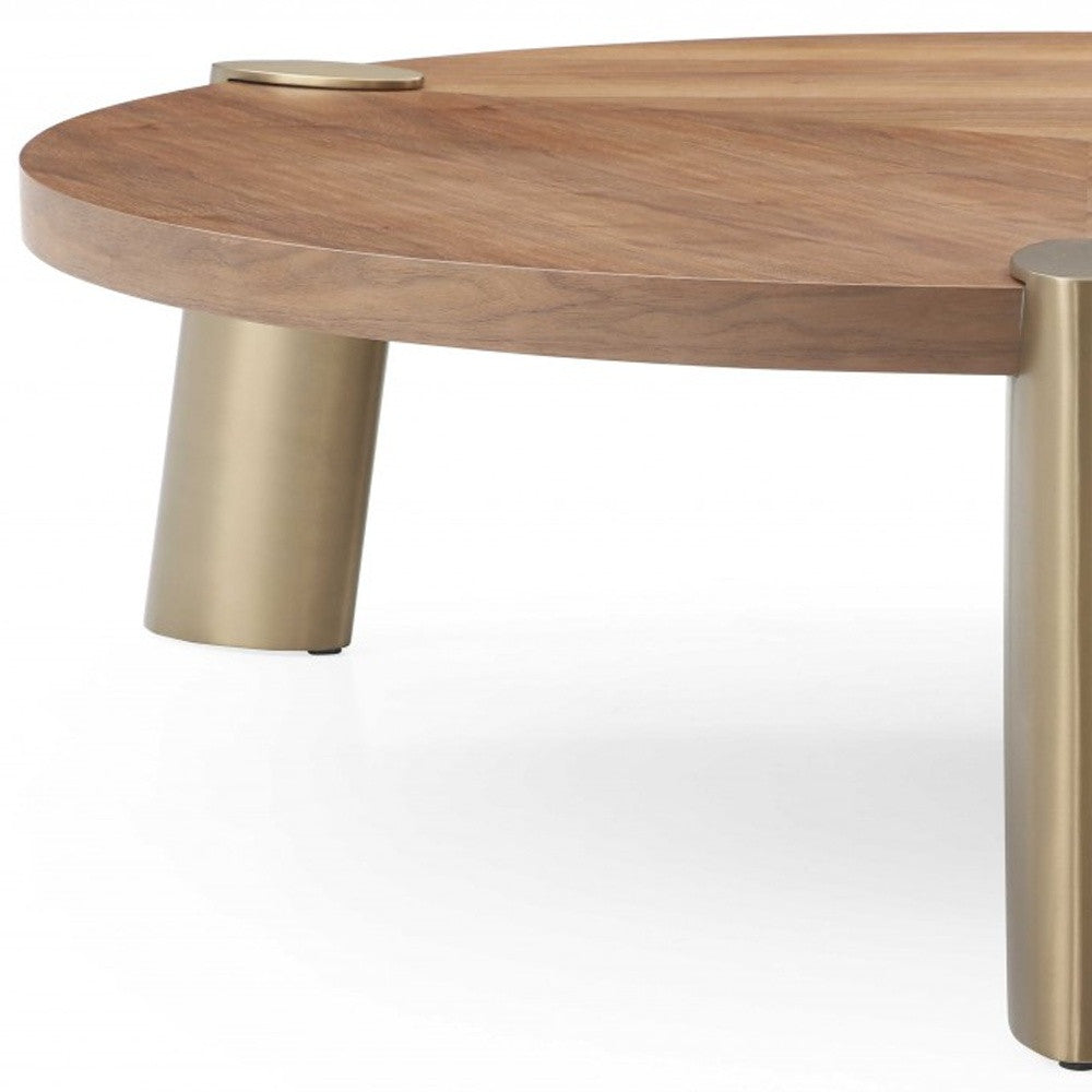 55" Brown and Gold Wood And Stainless Steel Round Coffee Table - Loft&Timber