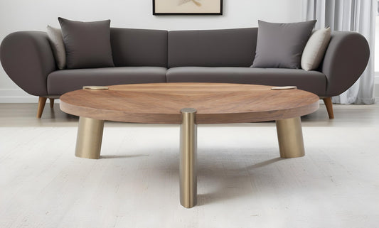 55" Brown and Gold Wood And Stainless Steel Round Coffee Table - Loft&Timber