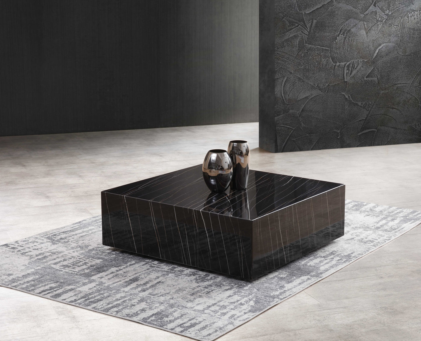 35" Black Genuine Marble And Brass Square Coffee Table - Loft&Timber