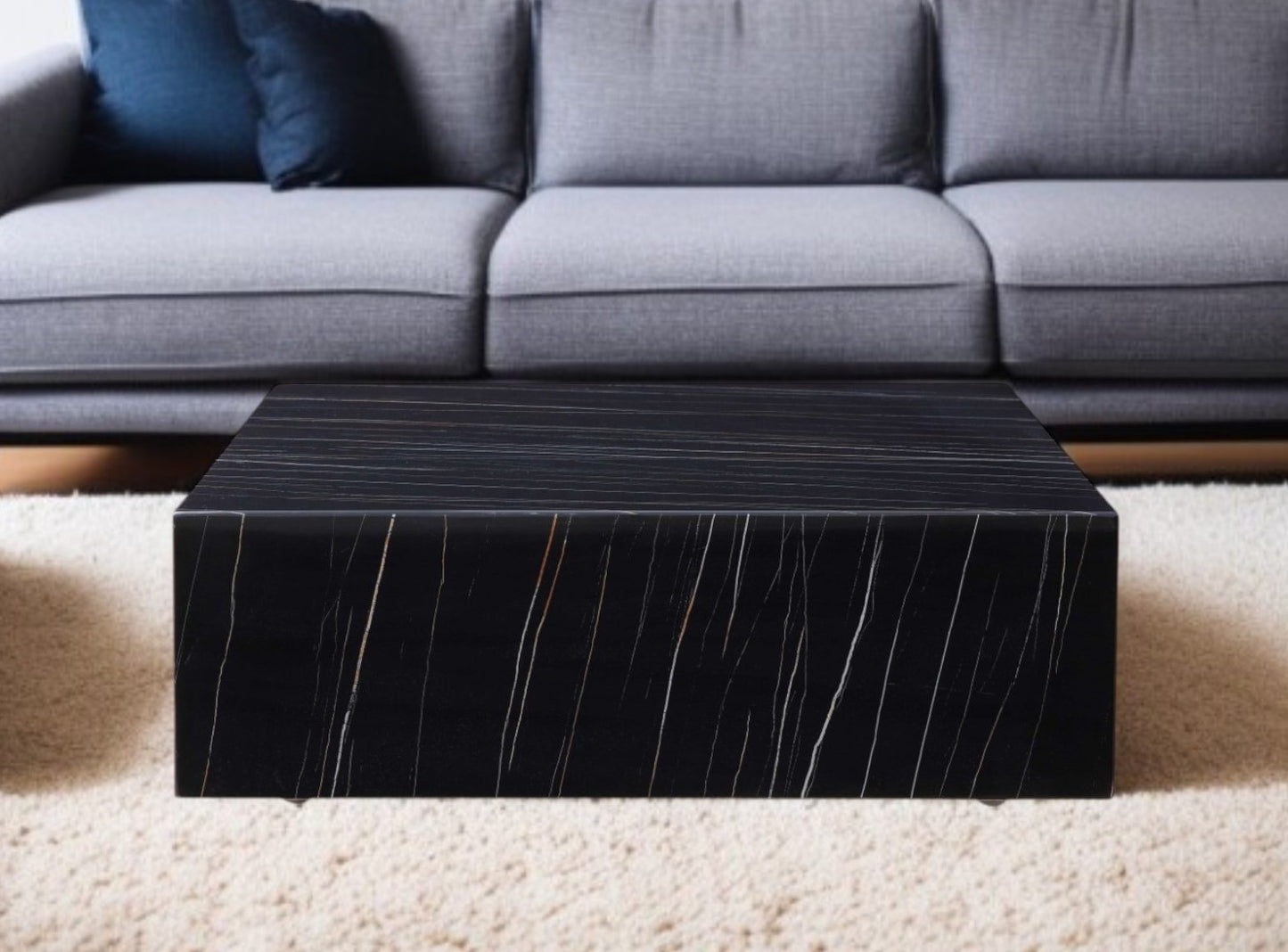 35" Black Genuine Marble And Brass Square Coffee Table - Loft&Timber