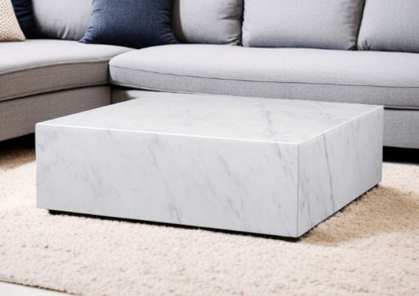 35" White Genuine Marble And Brass Square Coffee Table-0
