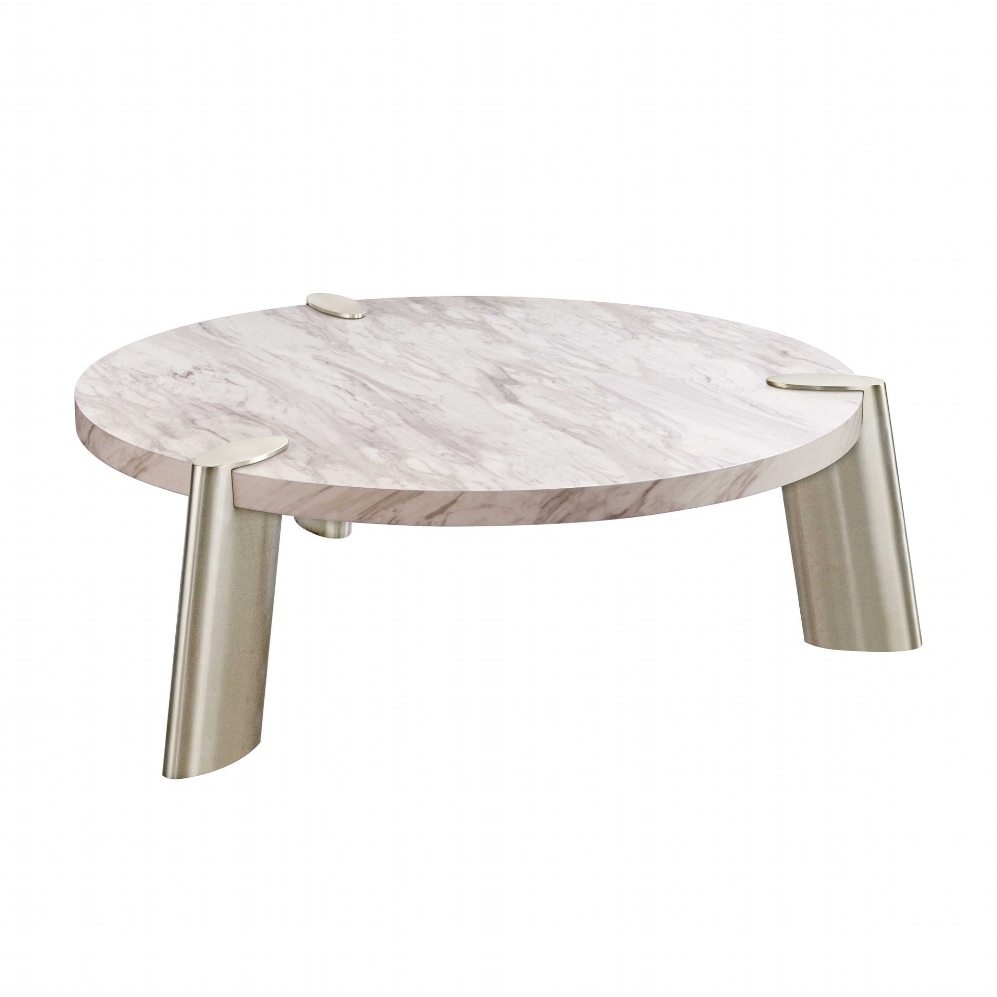 48" White and Silver Marble and Stainless Steel Round Coffee Table - Loft&Timber