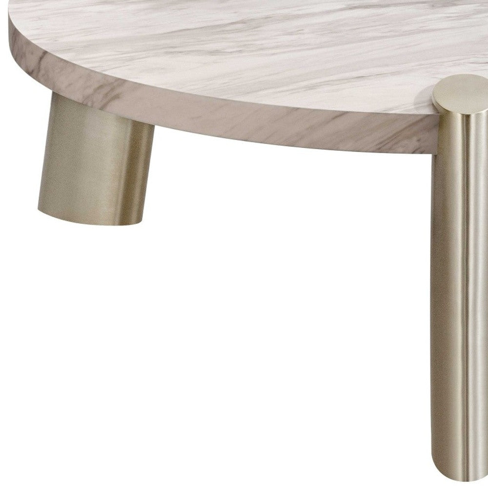48" White and Silver Marble and Stainless Steel Round Coffee Table - Loft&Timber