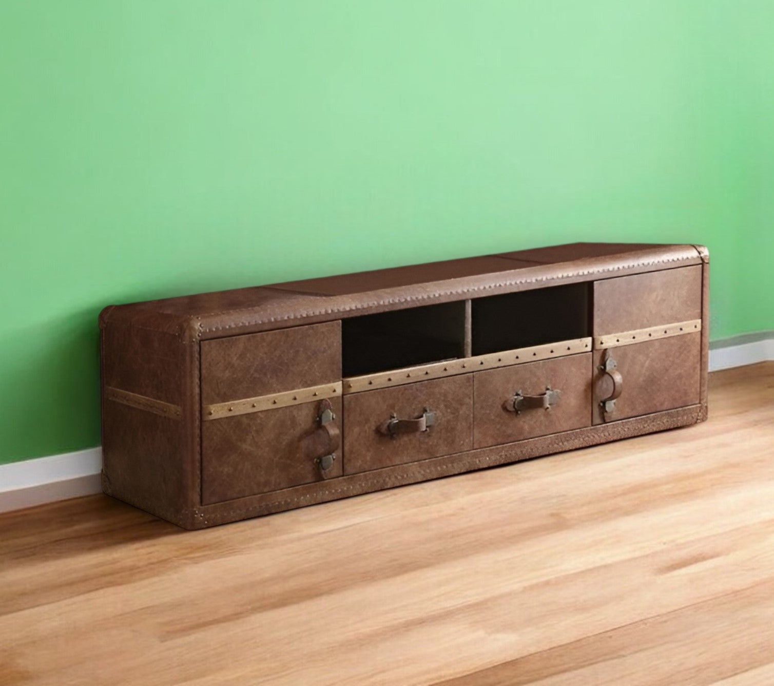 80" Brown Leather Enclosed and Open Storage TV Stand-0