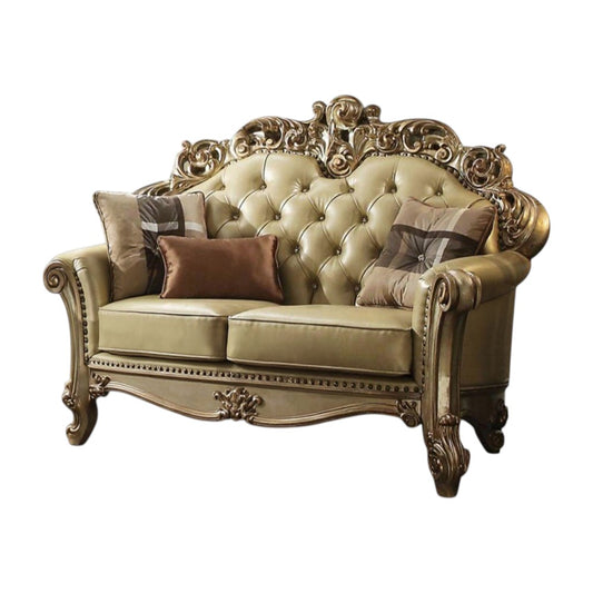 70" Bone And Gold Faux Leather Curved Loveseat - Loft&Timber