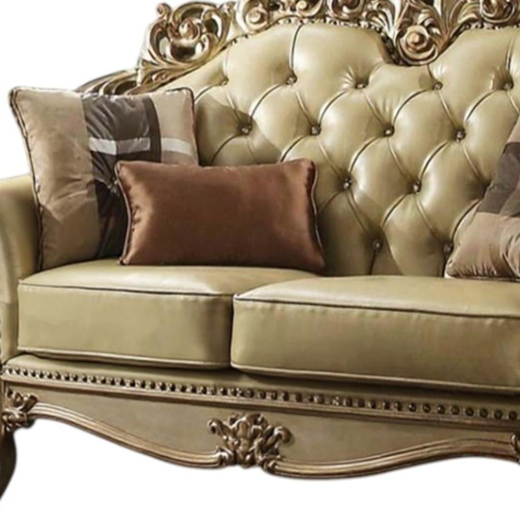 70" Bone And Gold Faux Leather Curved Loveseat - Loft&Timber