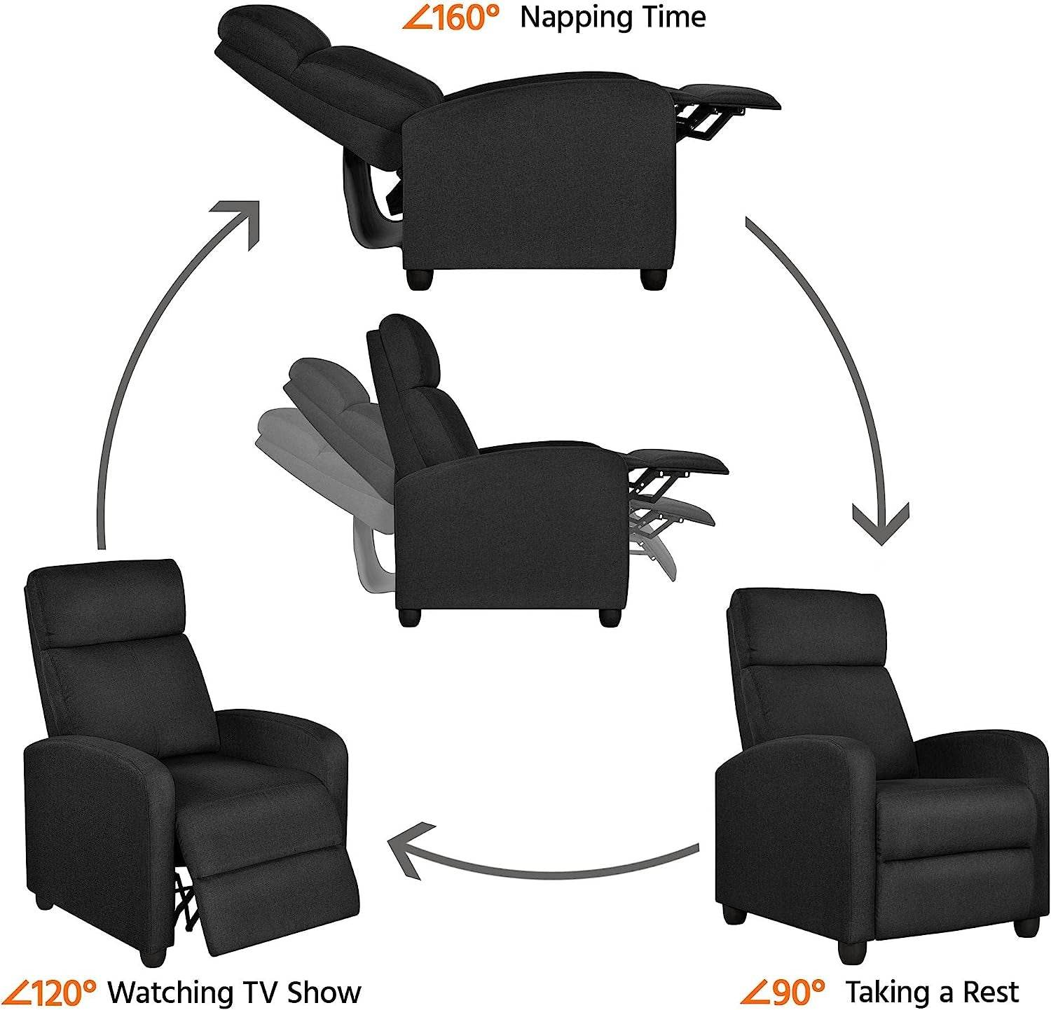 Fabric Push Back Recliner Chair, Pocket Spring, Matte Black - Loft&Timber