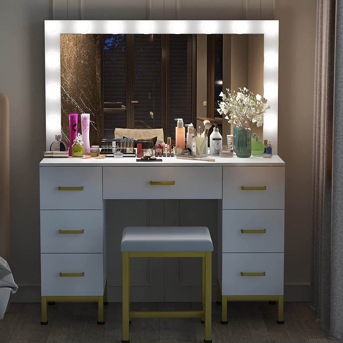 White Vanity Desk Set with Lighted Mirror - Loft&Timber