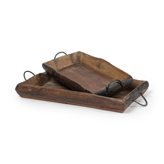 Set of Two Brown Rectangular Wood Indoor Outdoor Serving Tray With Handles - Loft&Timber