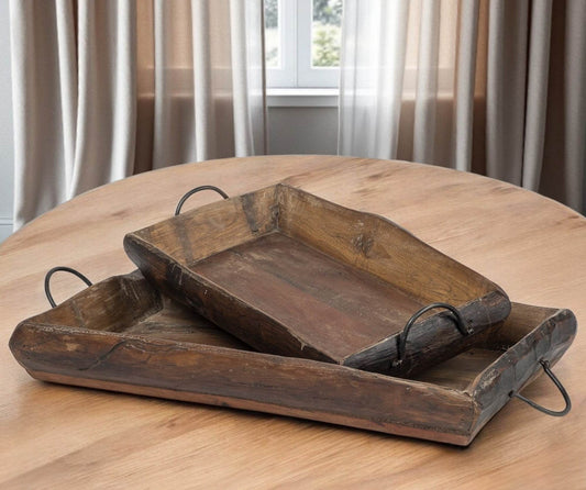 Set of Two Brown Rectangular Wood Indoor Outdoor Serving Tray With Handles - Loft&Timber