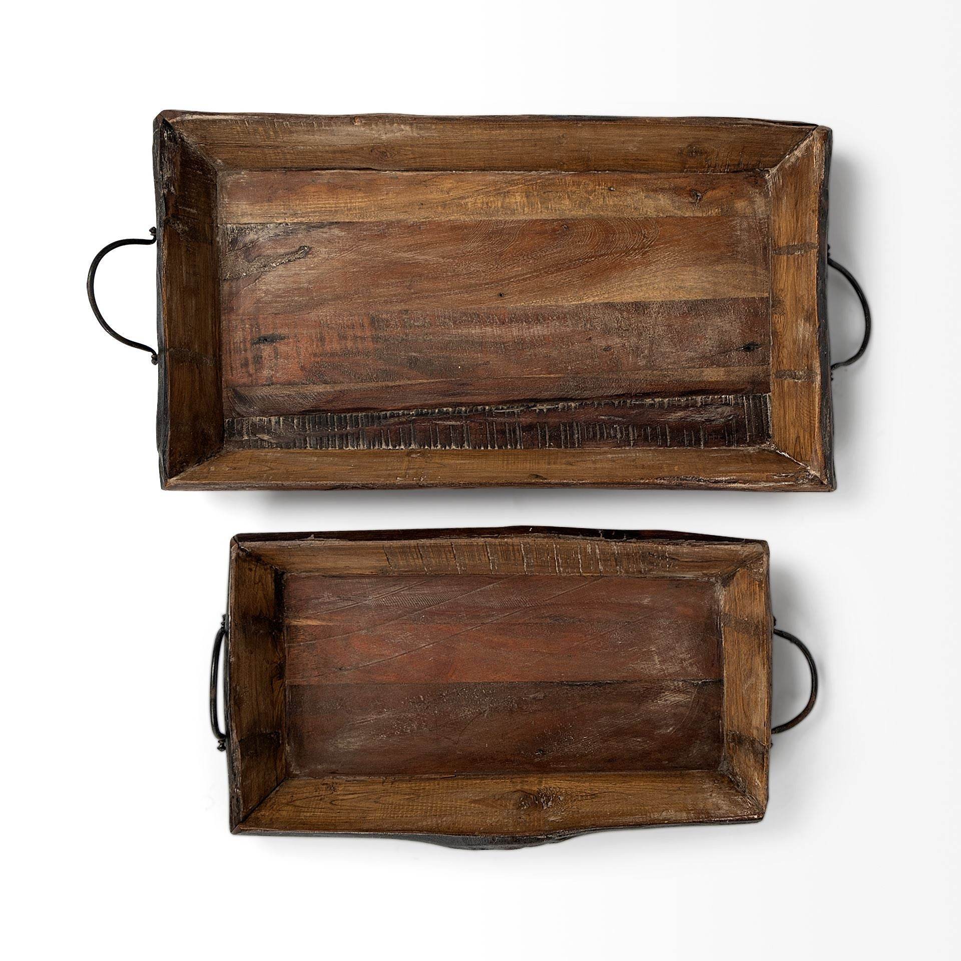 Set of Two Brown Rectangular Wood Indoor Outdoor Serving Tray With Handles - Loft&Timber