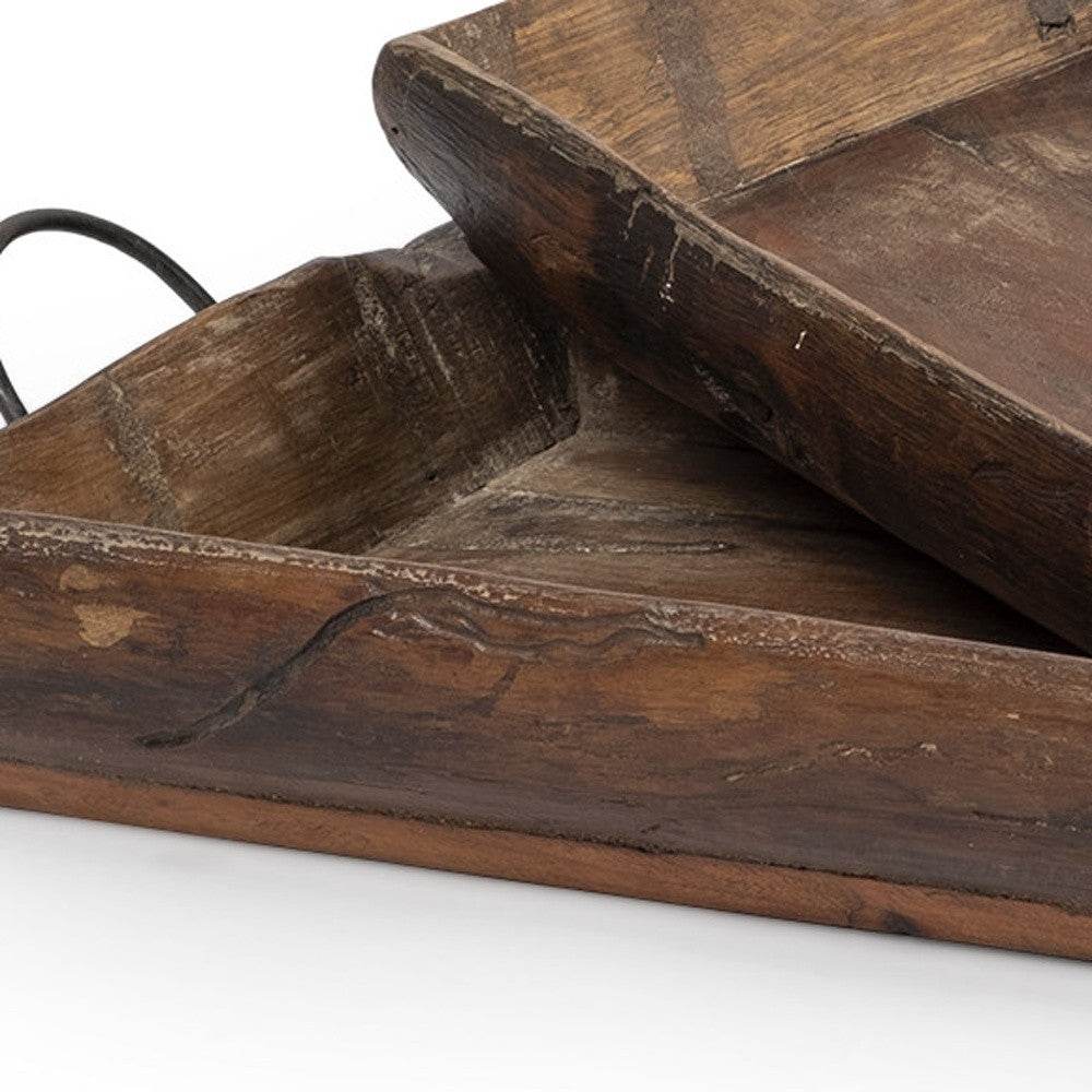 Set of Two Brown Rectangular Wood Indoor Outdoor Serving Tray With Handles - Loft&Timber