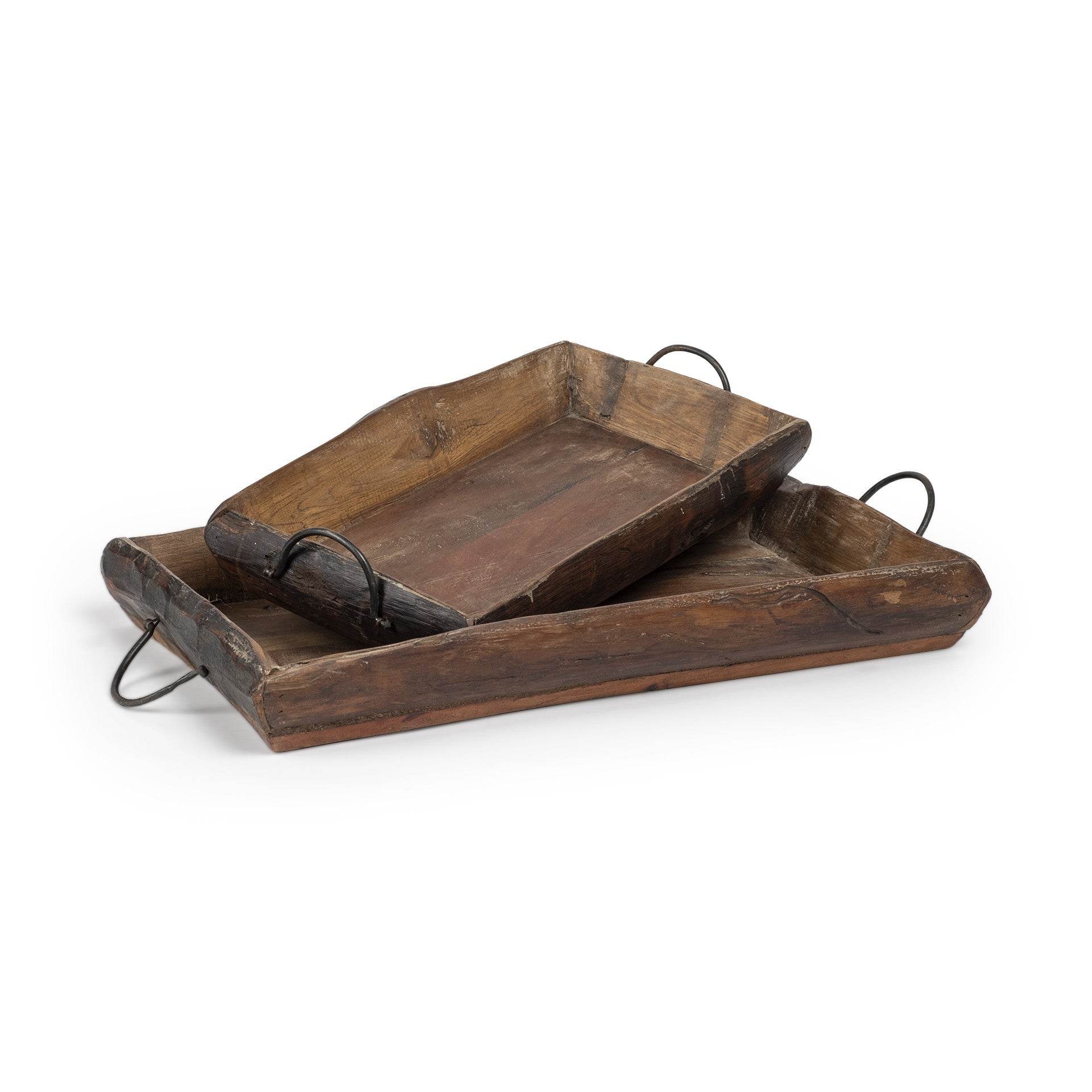 Set of Two Brown Rectangular Wood Indoor Outdoor Serving Tray With Handles - Loft&Timber