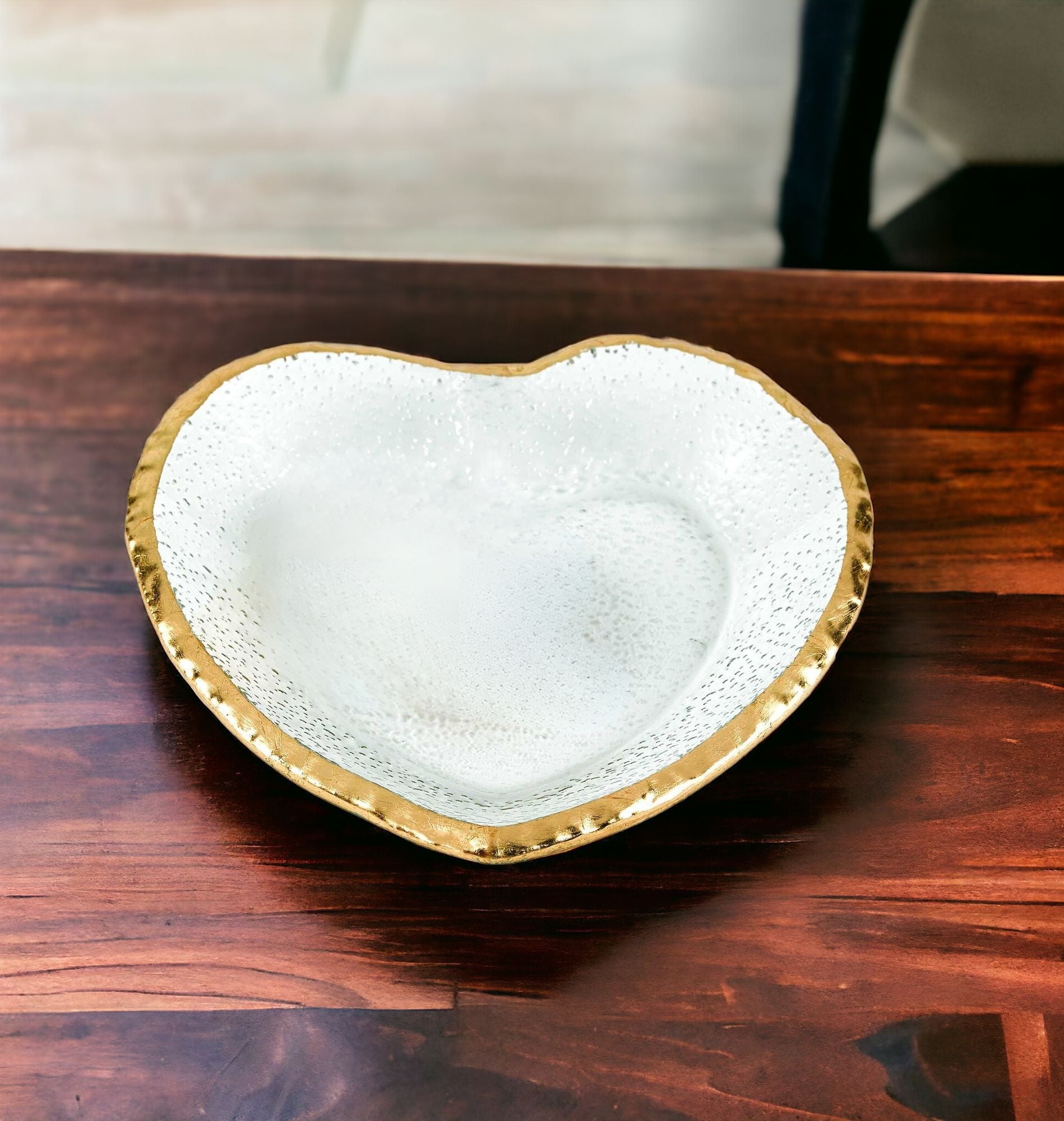 8" Mouth Blown Seeded Glass Heart Plate with Gold Rim - Loft&Timber