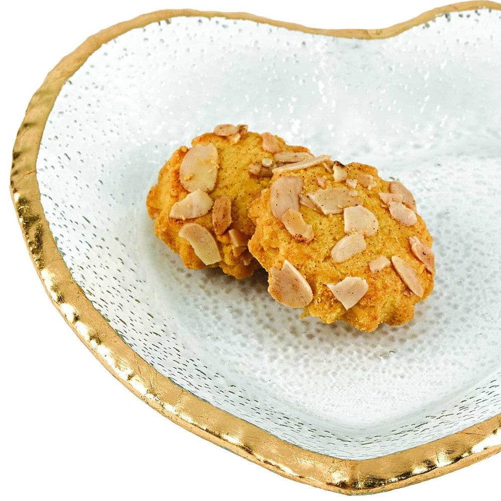 8" Mouth Blown Seeded Glass Heart Plate with Gold Rim - Loft&Timber