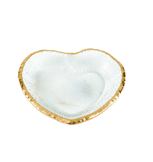 8" Mouth Blown Seeded Glass Heart Plate with Gold Rim - Loft&Timber