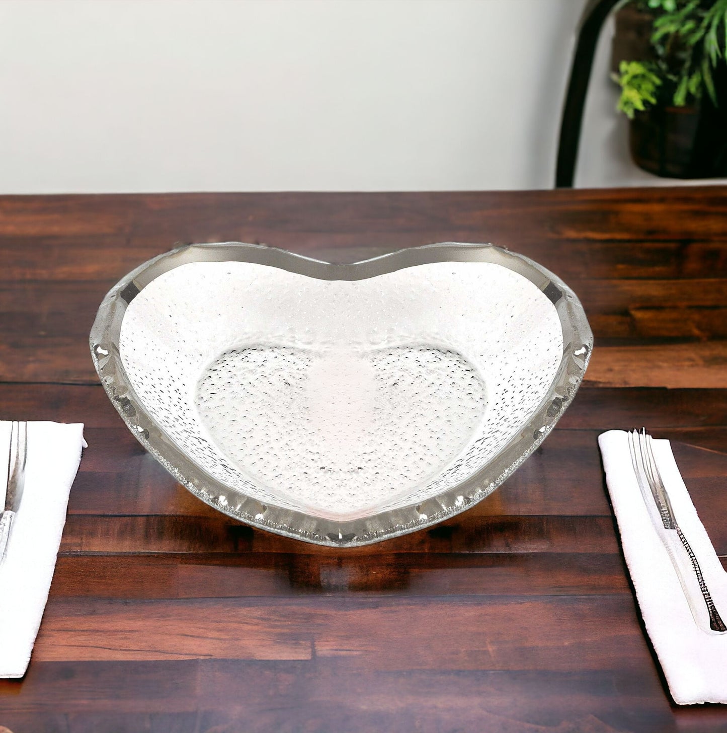 8" Mouth Blown Seeded Glass Heart Plate with Silver Rim - Loft&Timber