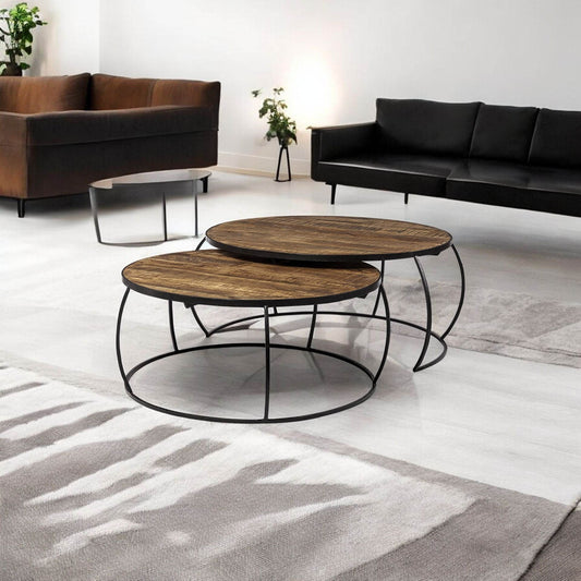 Brown and Black Wood and Metal Round Nested Coffee Tables - Loft&Timber