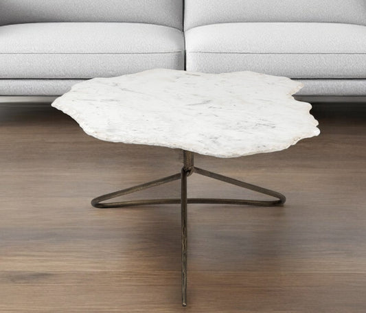 33" White and Gold Genuine Marble and Iron Free Form Coffee Table - Loft&Timber