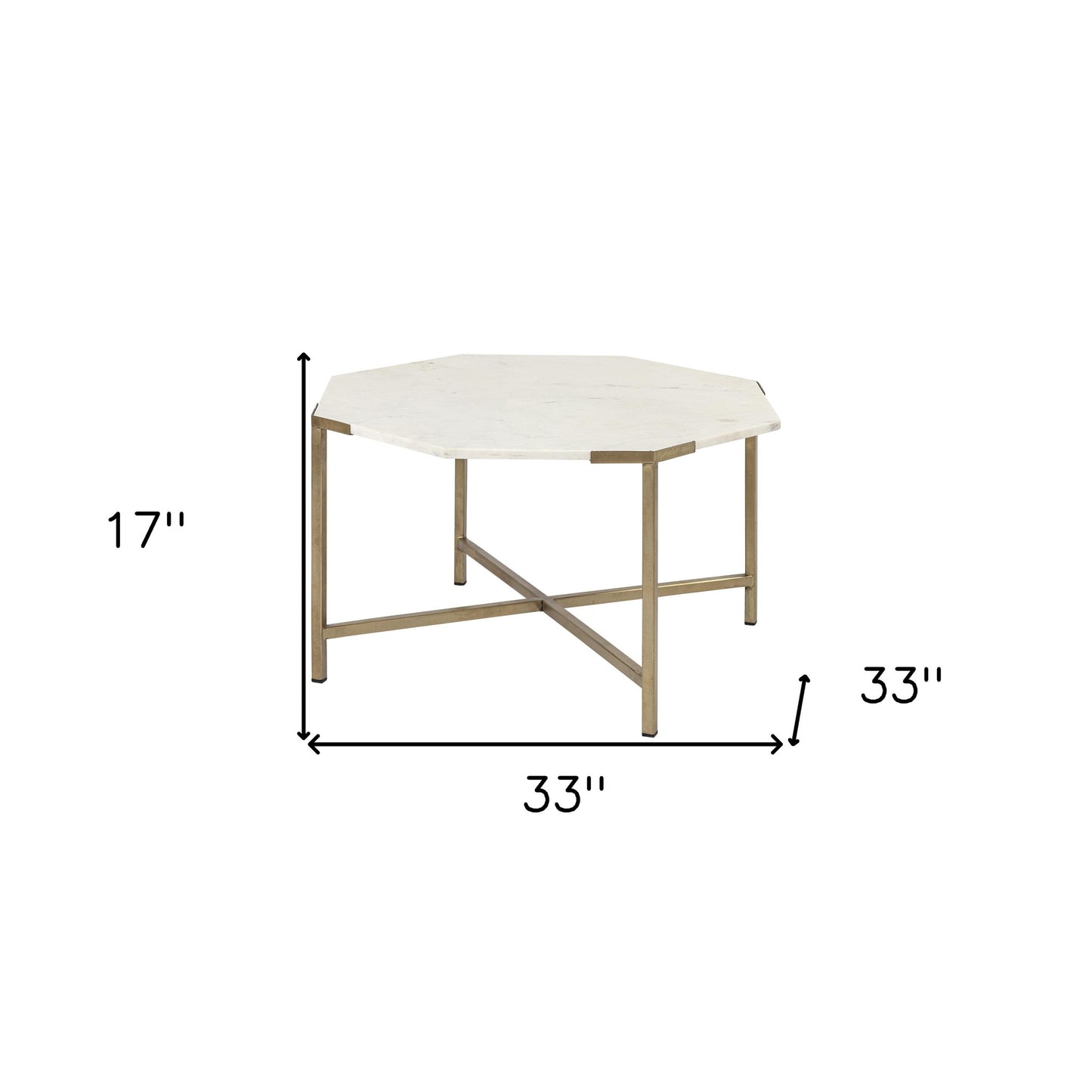 33" White and Gold Genuine Marble and Metal Octagon Coffee Table - Loft&Timber