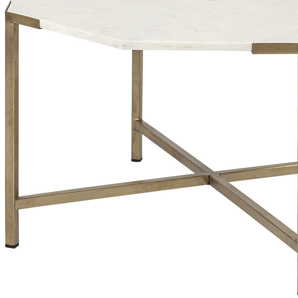 33" White and Gold Genuine Marble and Metal Octagon Coffee Table - Loft&Timber