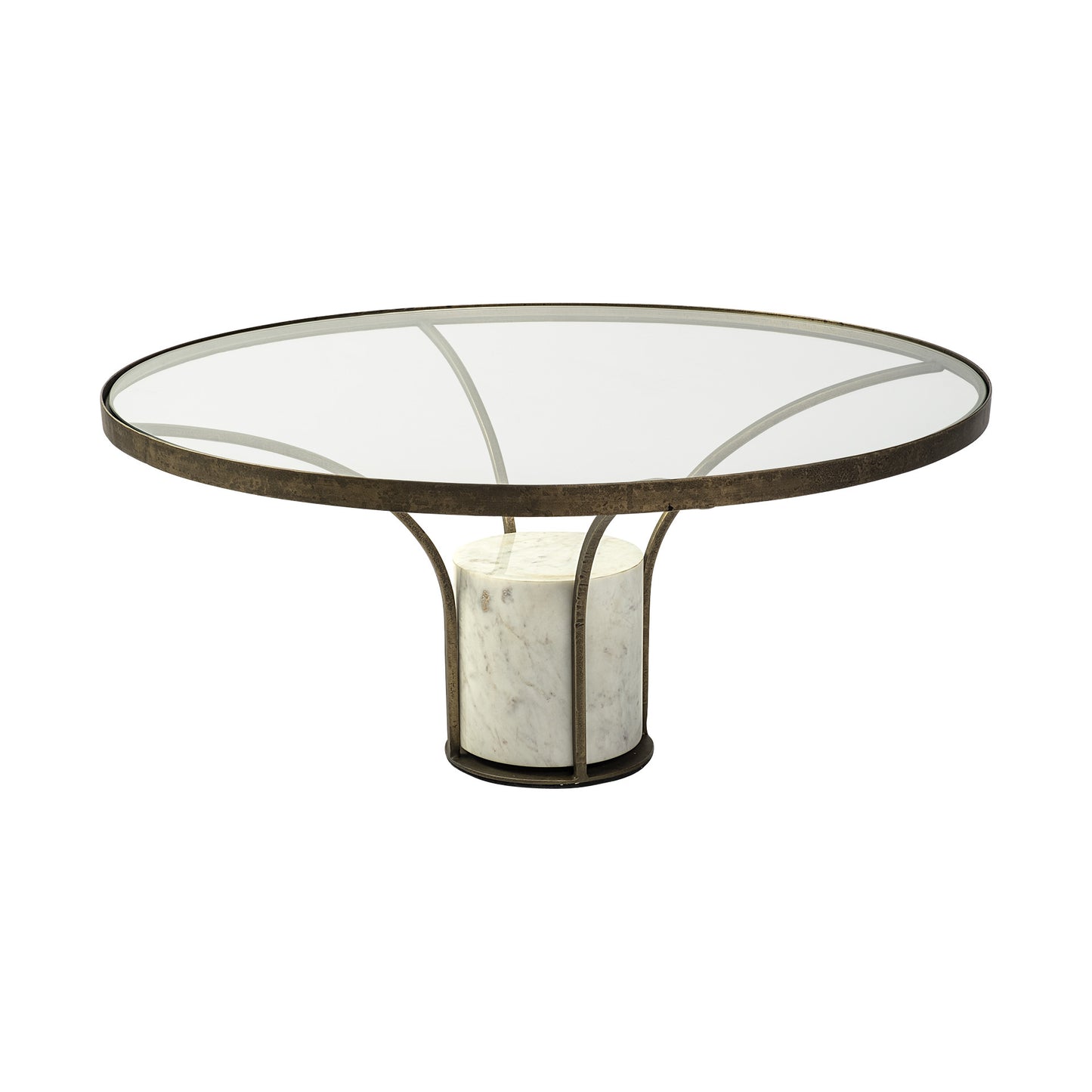 36" Antiqued Gold And White Glass Iron and Marble Round Pedestal Coffee Table - Loft&Timber
