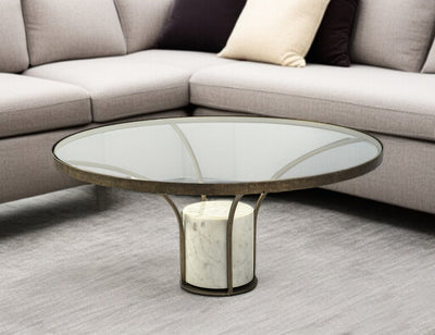36" Antiqued Gold And White Glass Iron and Marble Round Pedestal Coffee Table - Loft&Timber
