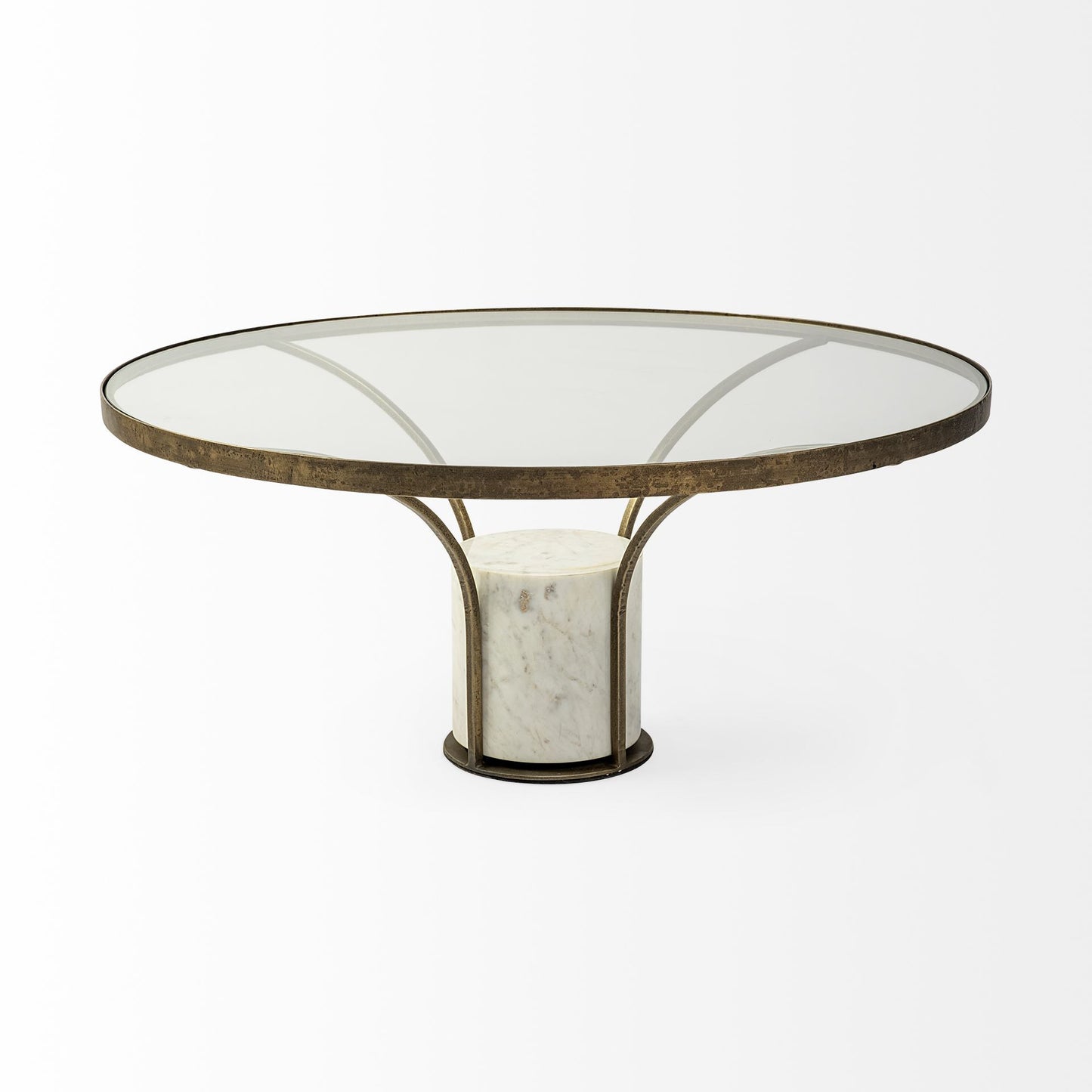 36" Antiqued Gold And White Glass Iron and Marble Round Pedestal Coffee Table - Loft&Timber