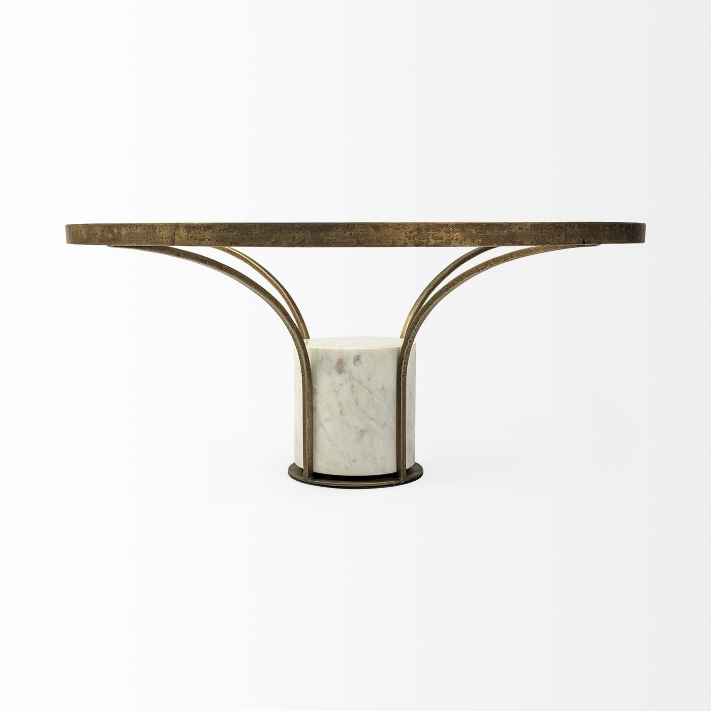36" Antiqued Gold And White Glass Iron and Marble Round Pedestal Coffee Table - Loft&Timber