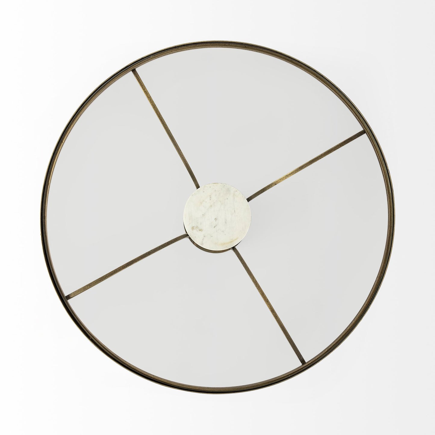 36" Antiqued Gold And White Glass Iron and Marble Round Pedestal Coffee Table - Loft&Timber