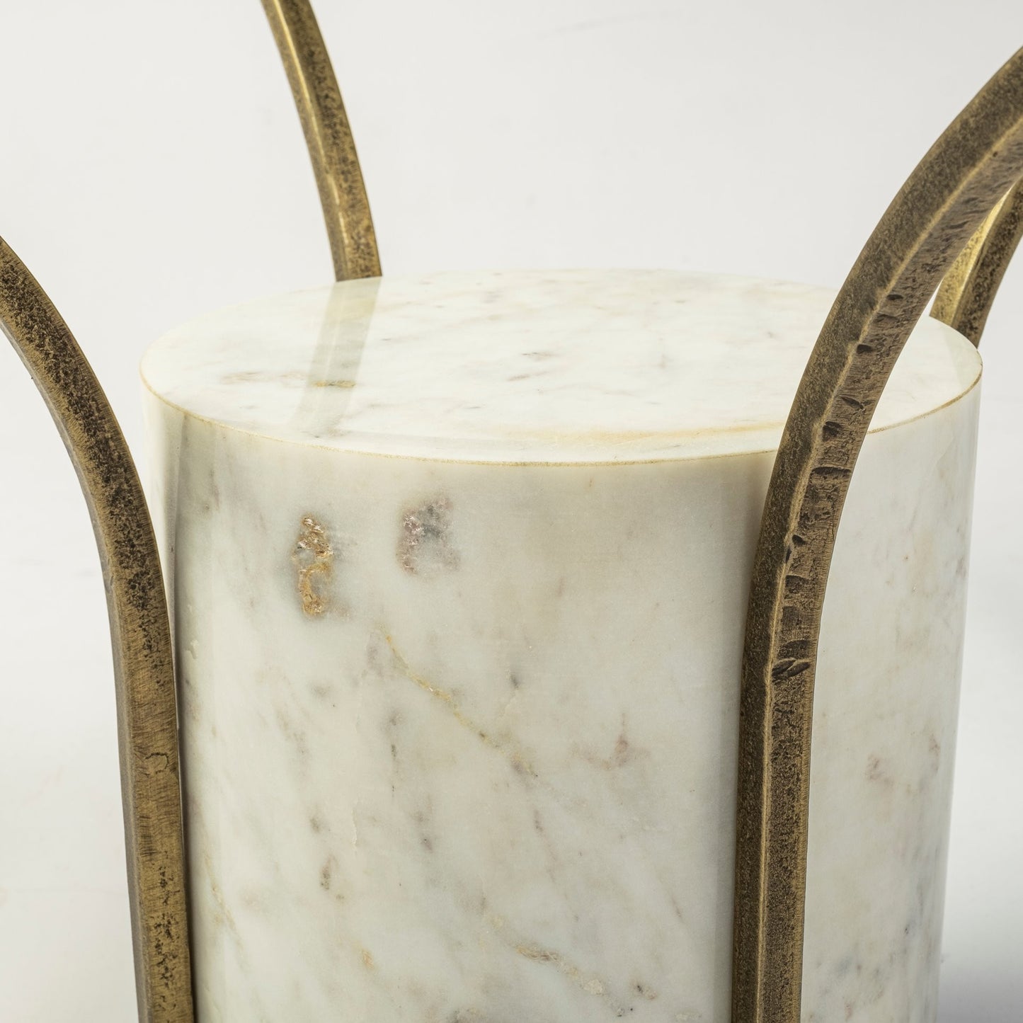 36" Antiqued Gold And White Glass Iron and Marble Round Pedestal Coffee Table - Loft&Timber