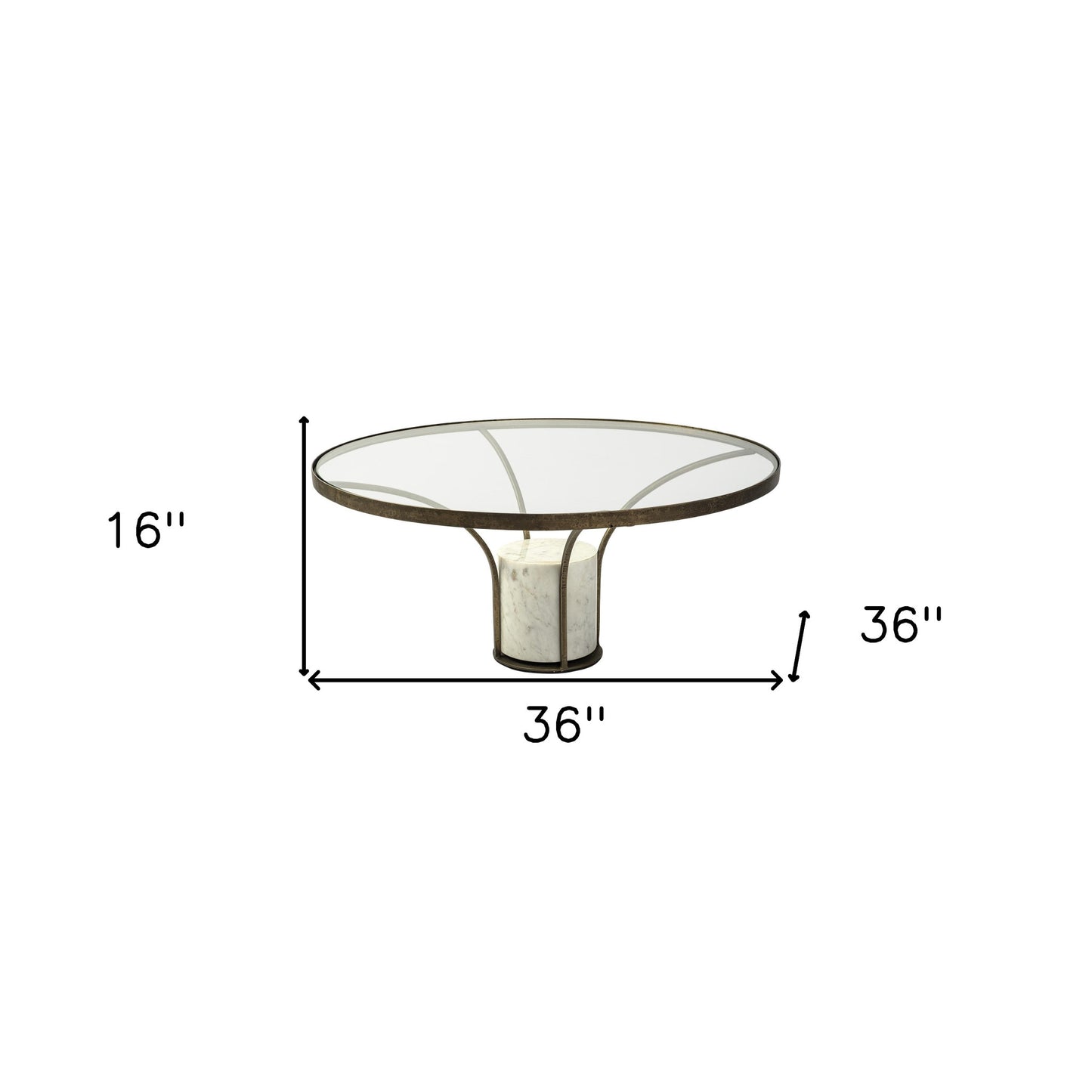 36" Antiqued Gold And White Glass Iron and Marble Round Pedestal Coffee Table - Loft&Timber