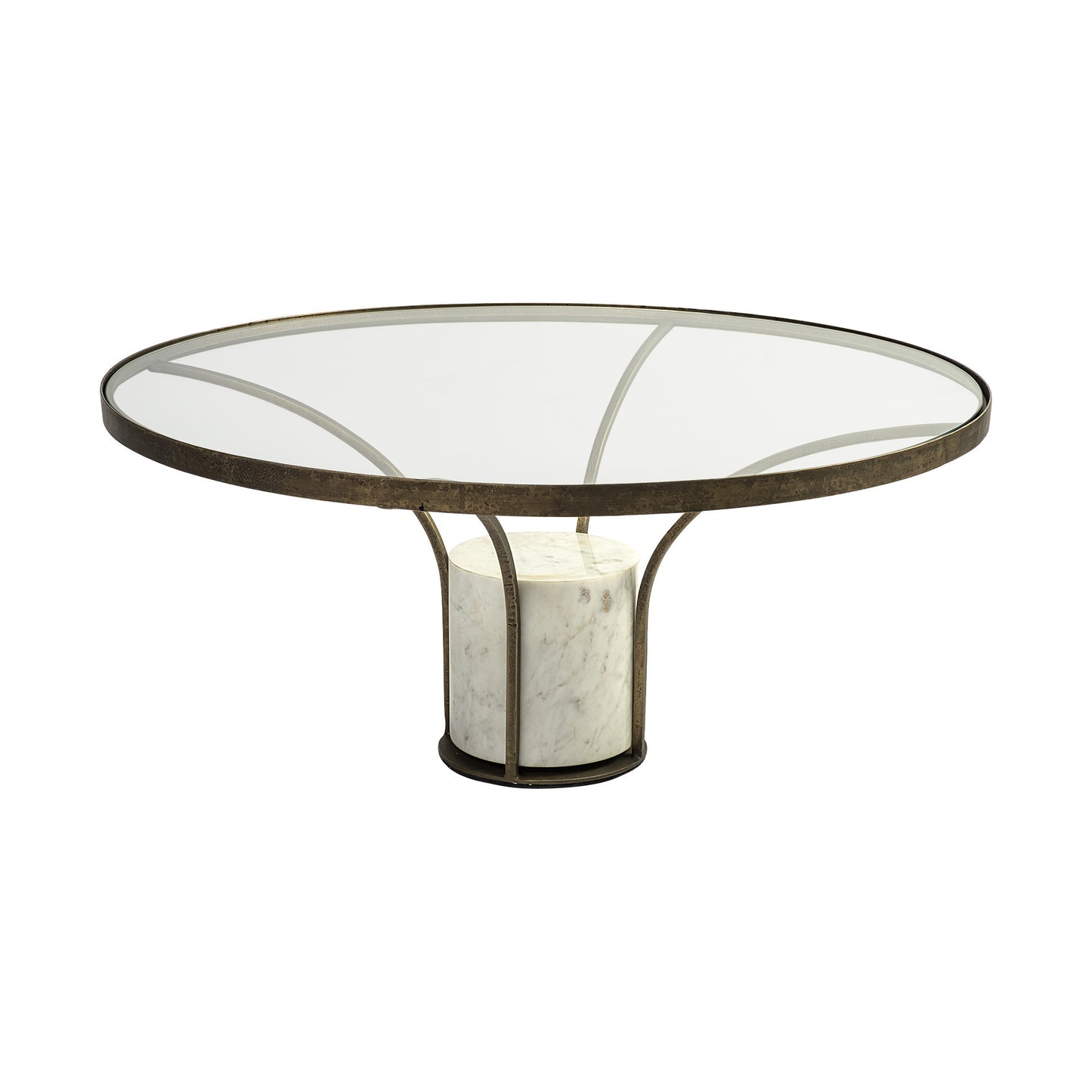 36" Antiqued Gold And White Glass Iron and Marble Round Pedestal Coffee Table - Loft&Timber