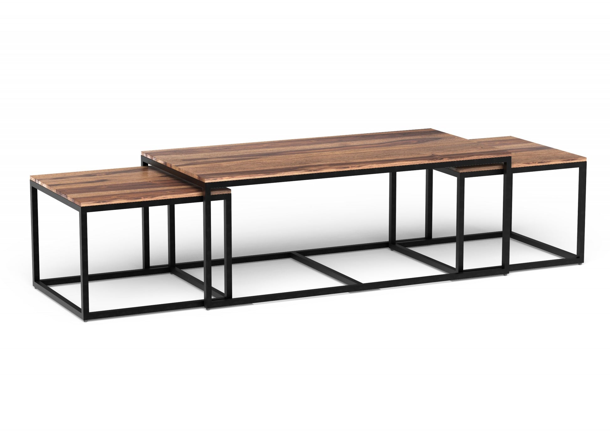 Set of Three 47" Natural And Black Solid Wood And Iron Coffee Table - Loft&Timber