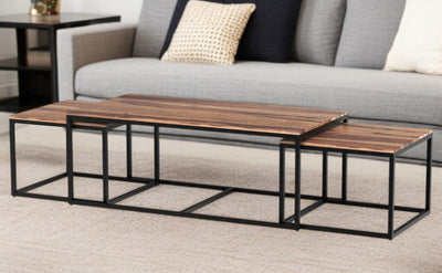 Set of Three 47" Natural And Black Solid Wood And Iron Coffee Table - Loft&Timber
