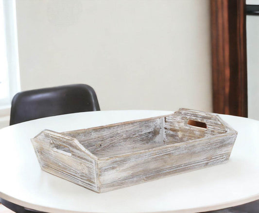 White Rustic Finish Wood Serving Tray With Handles - Loft&Timber