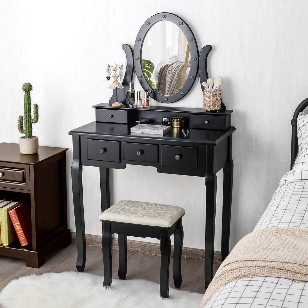 Black Vanity Dressing Table Set with Rotating Mirror - Loft&Timber