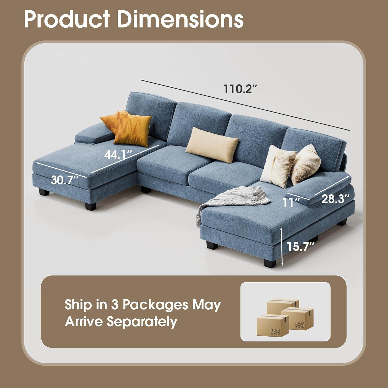Sectional Couches, 4 Seat Sofa Set with Double Chaise, Fabric, Light Blue - Loft&Timber