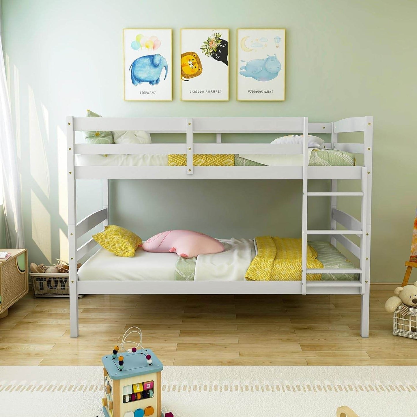 Bunk Bed Twin over Twin, Solid Wood Detachable Bed Frame with High Guardrails & Integrated Ladder, Wooden Slatted Bunk Bed for Kids & Teens, No Box Spring Needed, White - Loft&Timber