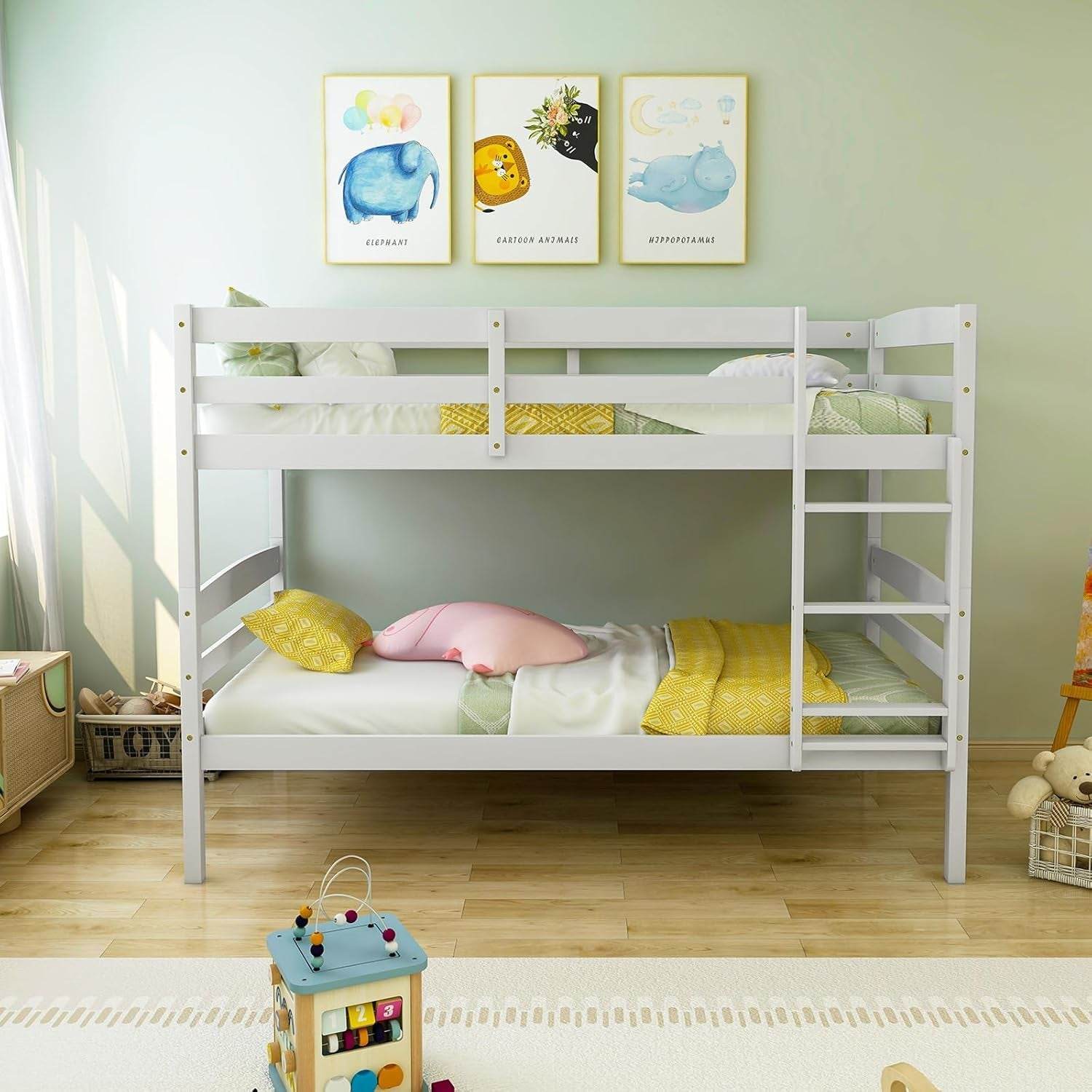 Bunk Bed Twin over Twin, Solid Wood Detachable Bed Frame with High Guardrails & Integrated Ladder, Wooden Slatted Bunk Bed for Kids & Teens, No Box Spring Needed, White - Loft&Timber