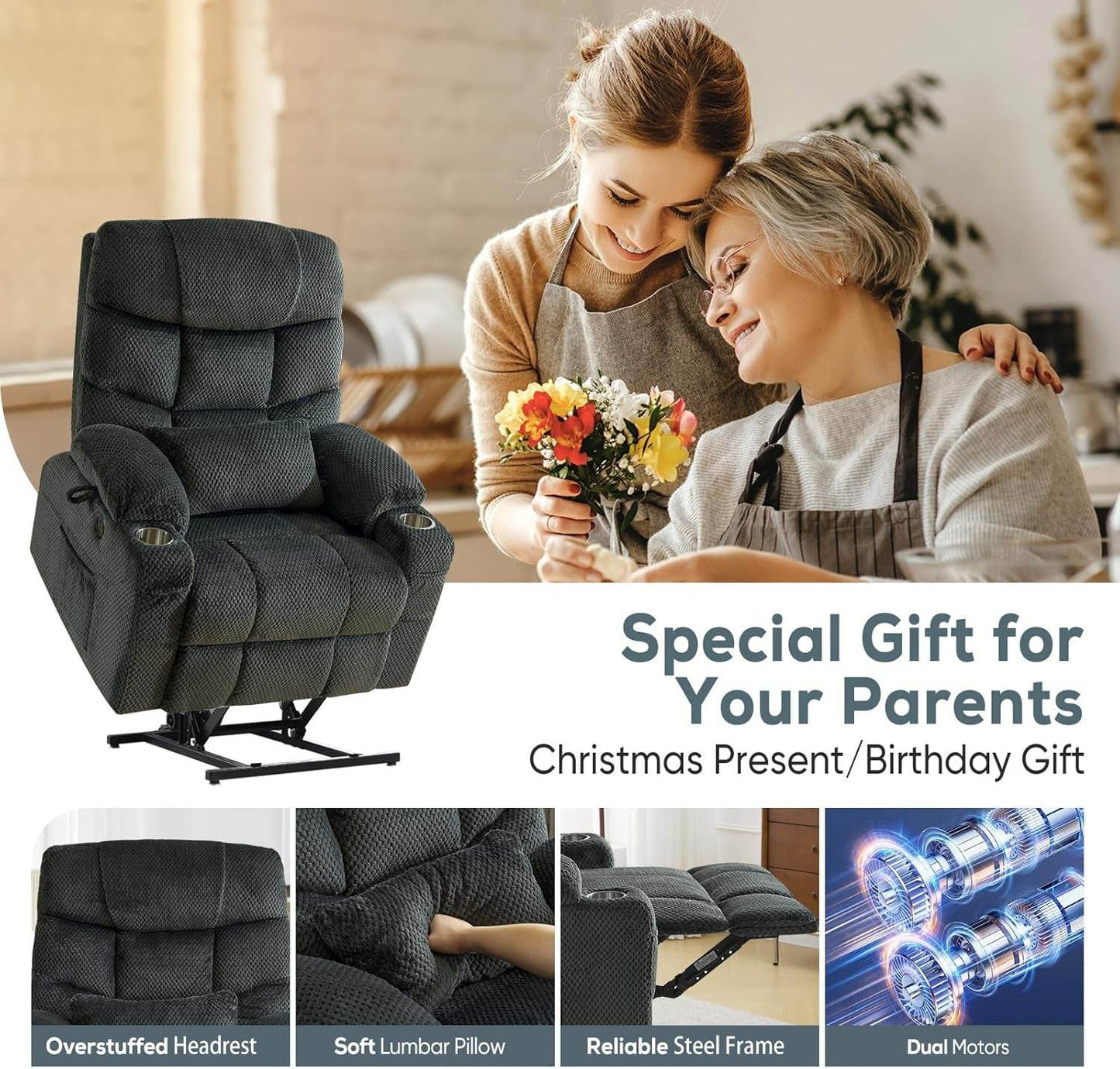 Large Dual Motor Lay Flat Power Lift Recliner Chair Set of 2 for Elderly with Massage and Heat, Textile Oversized Recliner Chair, Lift Chairs Recliner with Lumbar Pillow, Cup Holder, Grey - Loft&Timber