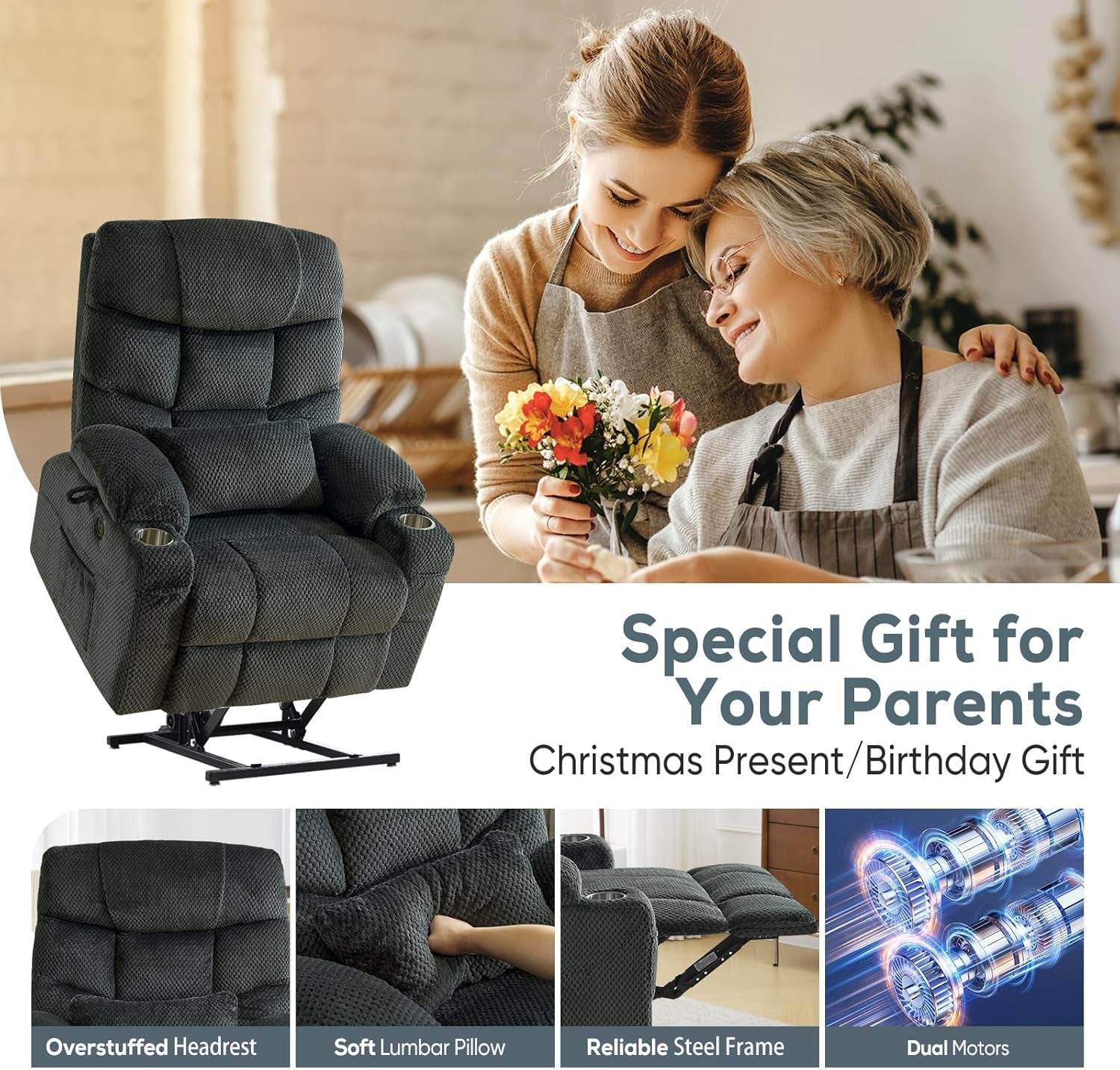 Large Dual Motor Lay Flat Power Lift Recliner Chair Set of 2 for Elderly with Massage and Heat, Textile Oversized Recliner Chair, Lift Chairs Recliner with Lumbar Pillow, Cup Holder, Grey - Loft&Timber