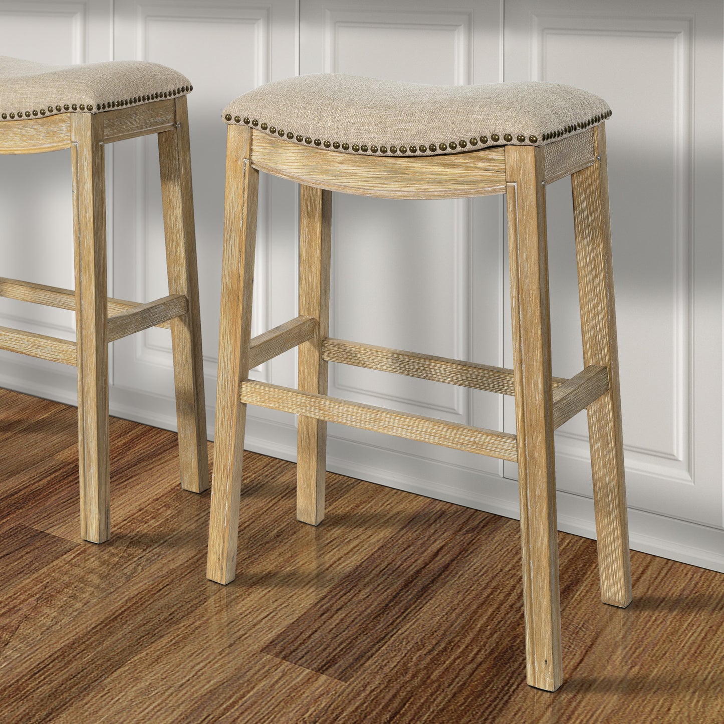 31" Linen and Natural Solid Wood Backless Bar Height Bar Chair - Loft&Timber